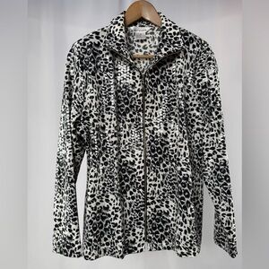Misook Full Zip Animal Print Lightweight Shimmer Jacket in Black White‎ Medium